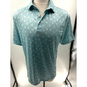1764 Aqua/White Sailboat Print Short Sleeve Golf Polo- L